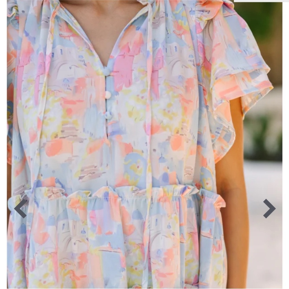 Entro NWOT Pastel Santorini Print Tiered Mini Dress Ruffle Sleeves Babydoll Med - Picture 3 of 8
